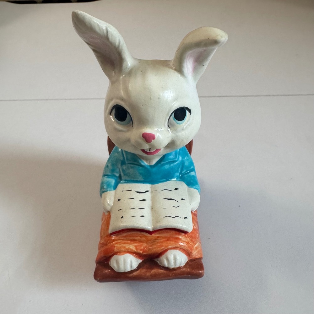 Vintage Ceramic Bunny Rabbit Reading in Rocking Chair Figurine Japan Hand Made